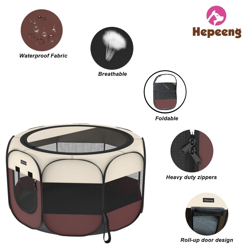 HEPEENG Portable Pet Playpen, 8-Panel Indoor/Outdoor Puppy Pen with Shade Cover & Travel Bag - Waterproof Dog Cat Tent Includes Collapsible Bowl - Image 4